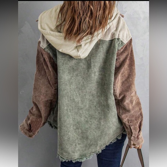 Boho Cozy Color Block Oversized Corduroy Hoodie Jacket Shacket Button Down Shirt - Picture 2 of 4